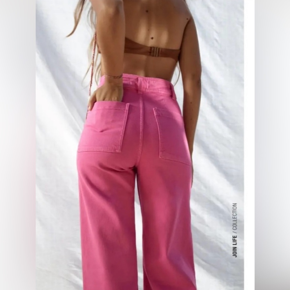 Zara Hot Pink Marine Straight High Rise Wide Leg Jeans 
Raw Hem, Sz 4 - Picture 4 of 15